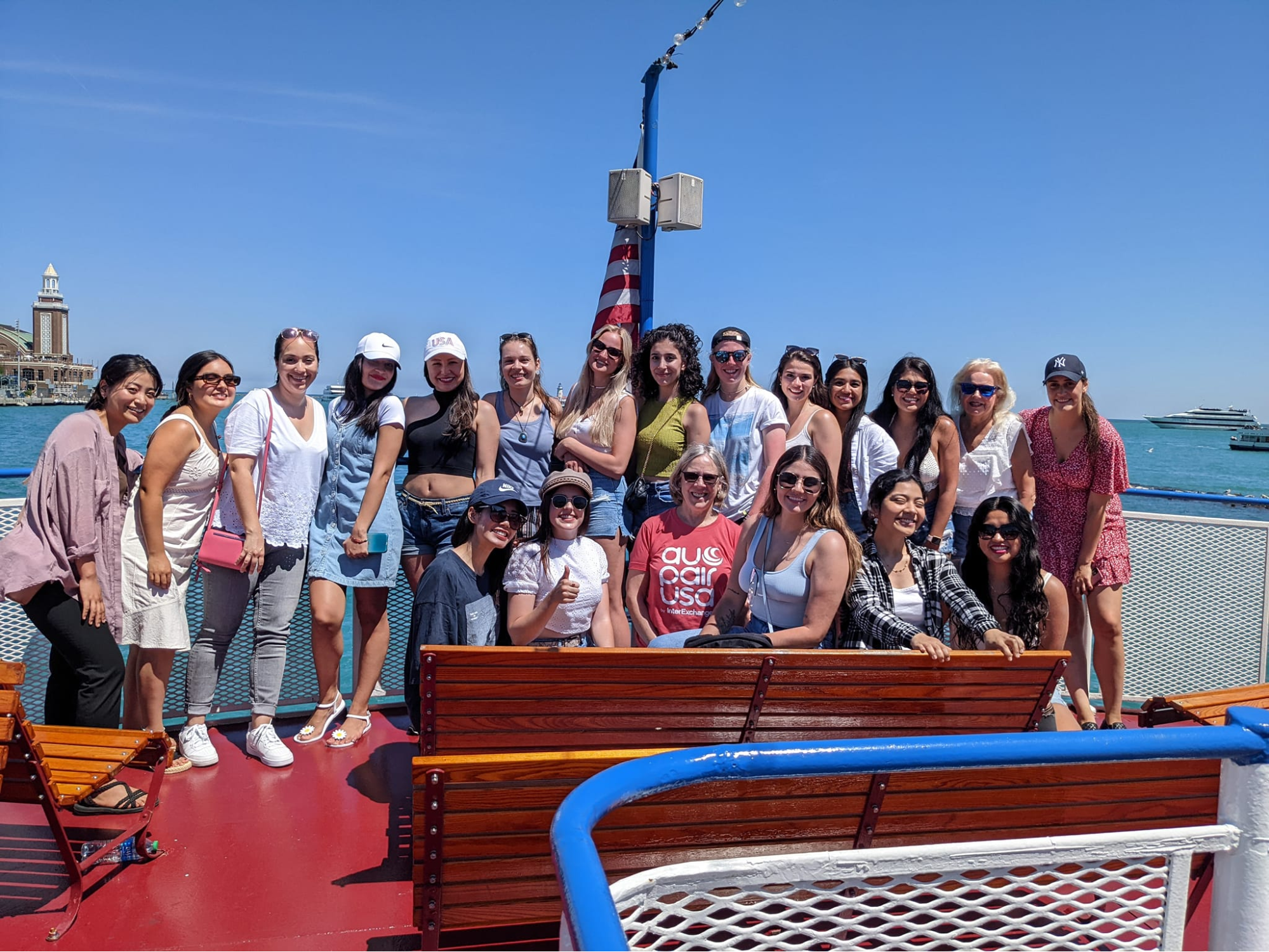 Chicago-area au pairs enjoy a boat ride on Lake Michigan.