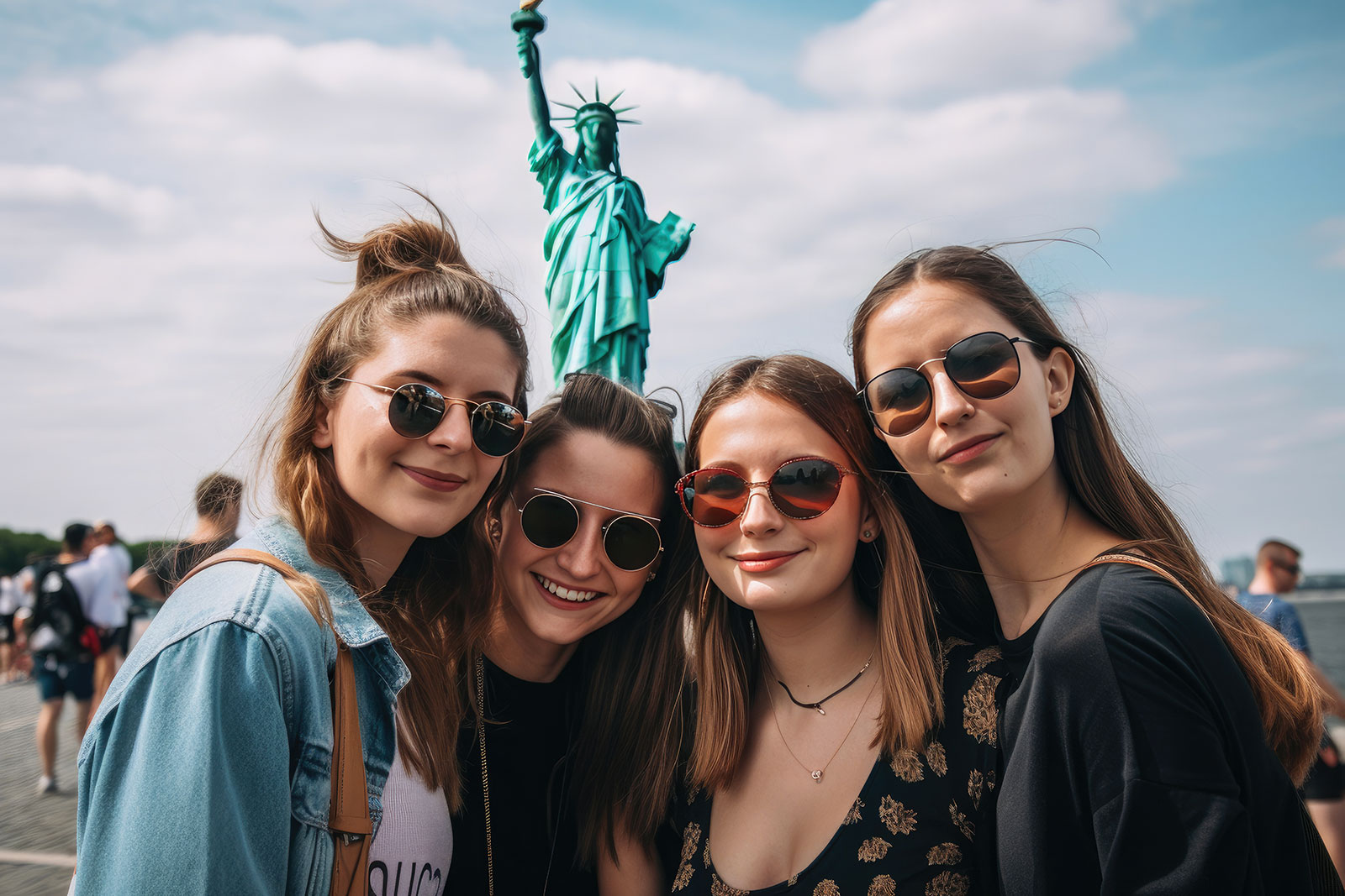 Au pairs looking at the New York City skyline
